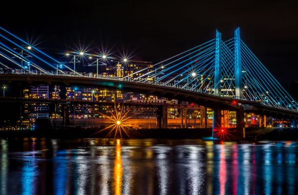 The Tilikum Crossing Bridge at night