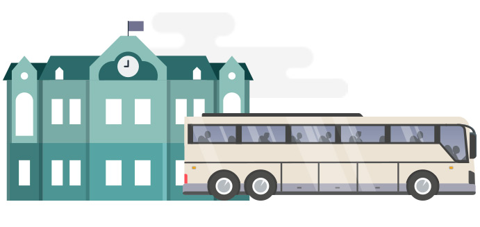 Illustration of a charter bus outside a school.