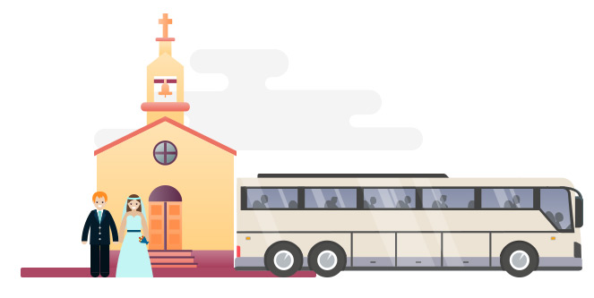 Illustration of a charter bus outside a church with a married couple