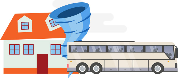 Illustration of a tornado approaching a house and a charter bus leaving the area