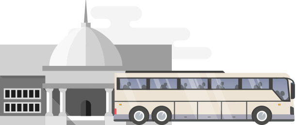 Illustration of a charter bus outside a government building