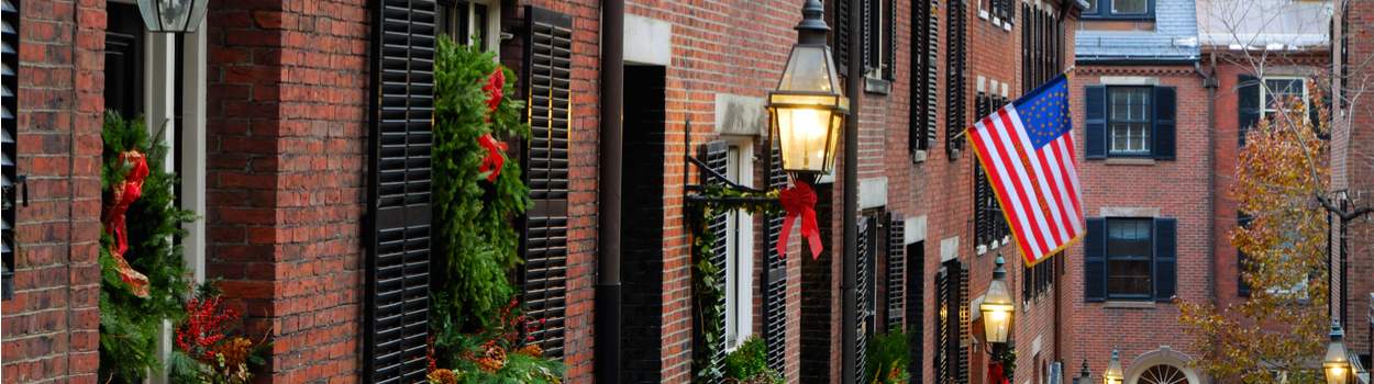 A historic street in Boston, decorated for Christmas.