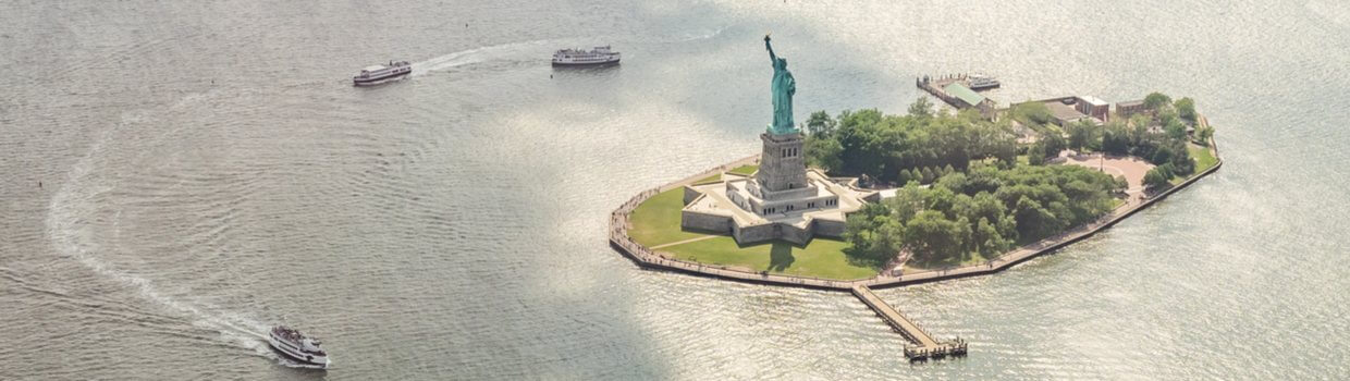 A wide angle view of the Statue of Liberty