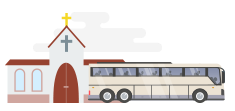 Illustration of a charter bus outside a church