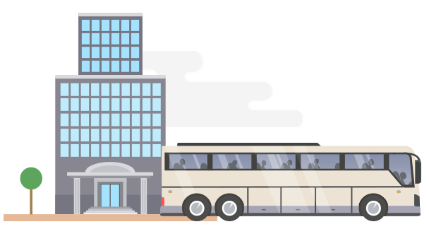 Illustration of a charter bus outside an office